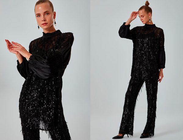 Mizalle Pullu Saten Tunik-Pantolon