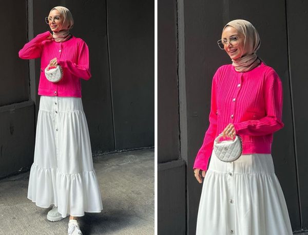 Missemramiss Fuşya Hırka ve Beyaz Etek - Betül Gedik