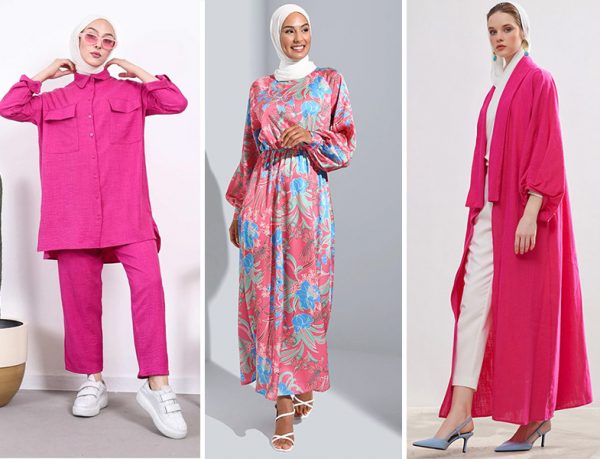 Pembe Takım- Pembe Desenli Elbise - Pembe Ferace