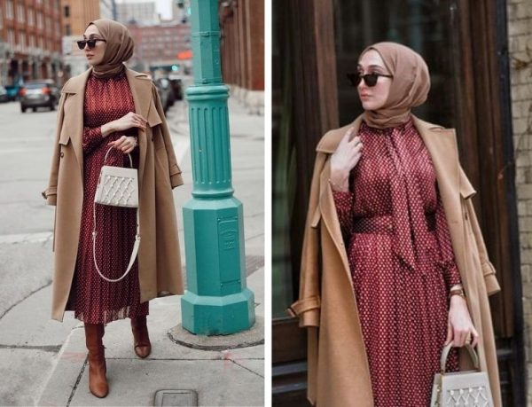 Elif Doğan Bordo Desenli Elbise Kombin
